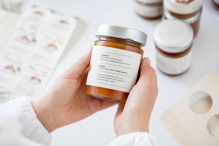 Confezione alimentare bianca e arancione con etichetta stampata, ripresa da vicino su fondo neutro.