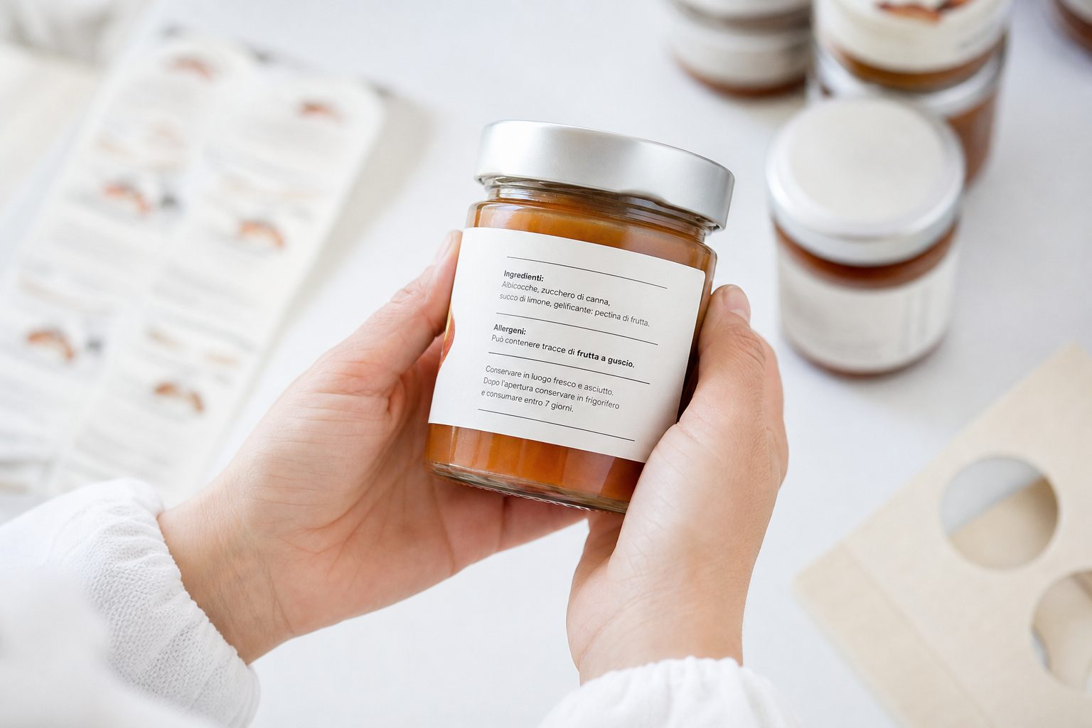 Confezione alimentare bianca e arancione con etichetta stampata, fotografata da vicino su fondo neutro.